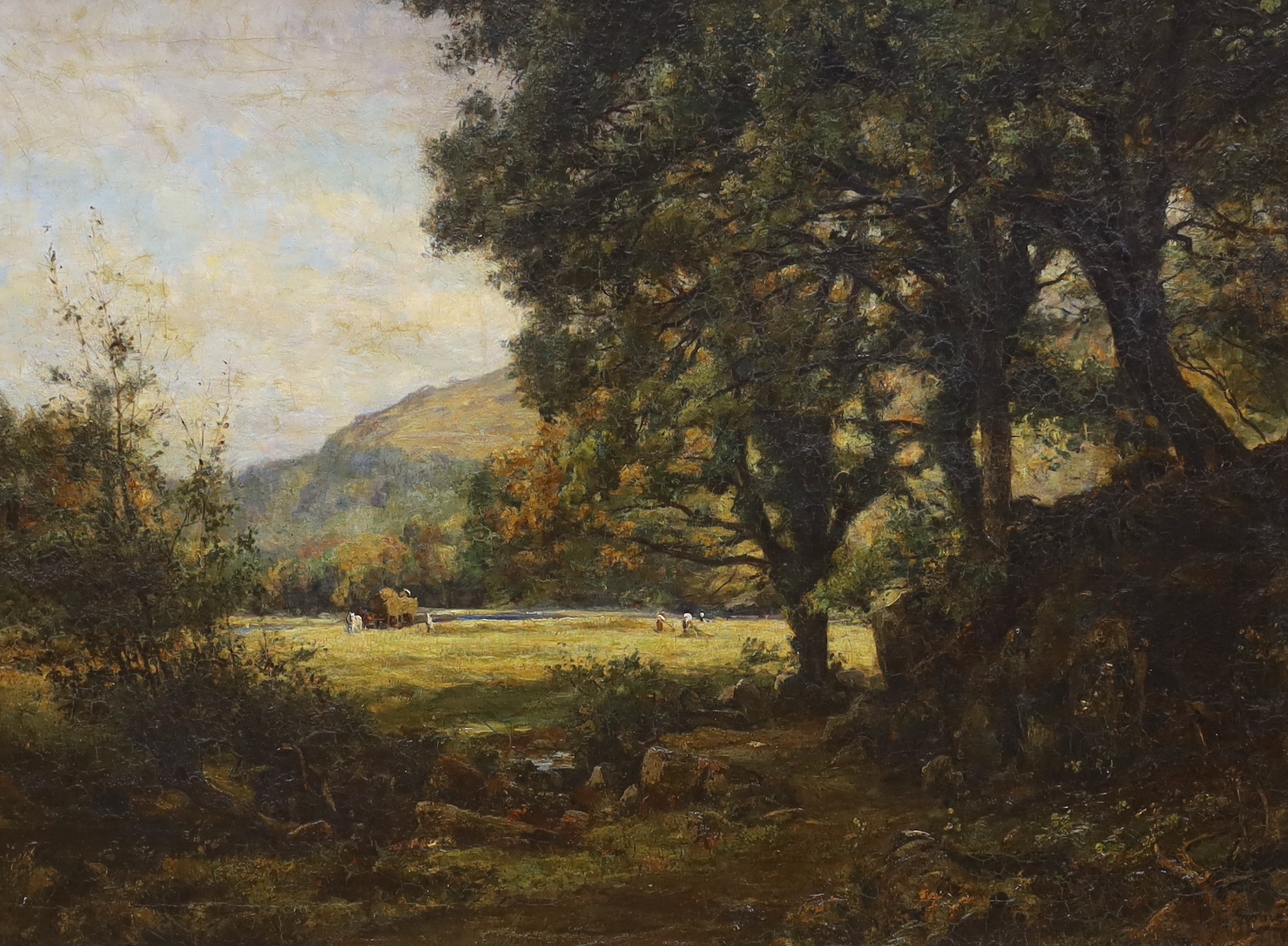 Oil on canvas, Woodland before a clearing with figures hay making, indistinctly signed, possibly K G So...?, 73 x 98cm